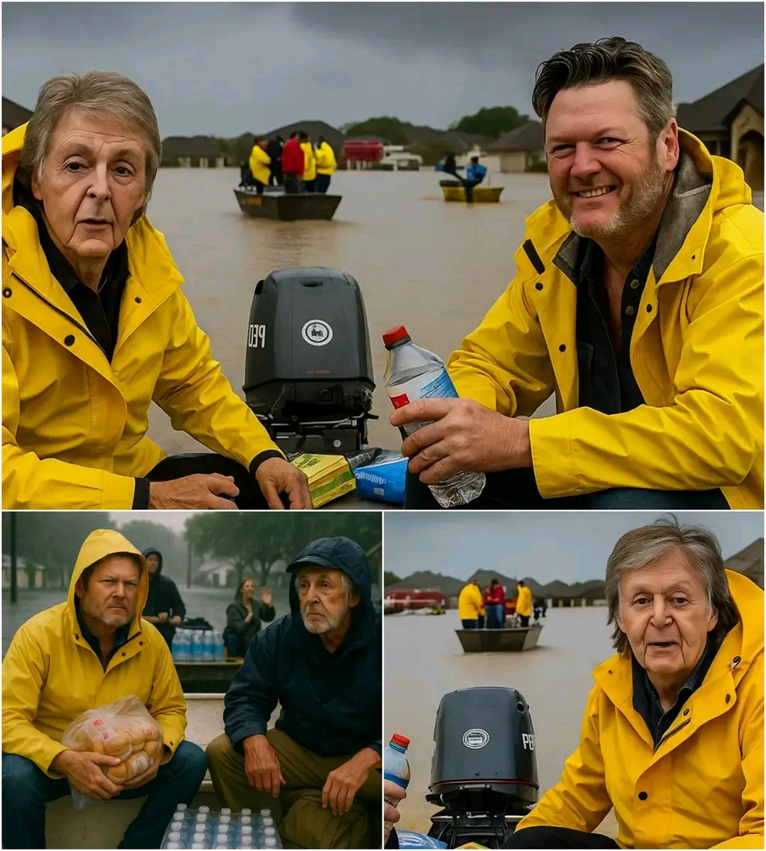 Blake Shelton leaned against a truck loaded with relief supplies, eyeing Paul McCartney. “Man, these Texas folks need us,” Blake said, voice heavy. “Homes gone, families split—we gotta get out there.”  Paul nodded, gently placing a box of canned goods onto the pile. “Right. We’ll give them what we can—food, water… music. Sometimes, music says what words can’t.”  Blake glanced at him with a half-grin. “You bring that old Hofner bass?”  Paul smiled faintly. “Always. Maybe I’ll play ‘Let It Be’ for someone who needs to hear it.”  Blake chuckled. “Let’s do this. Show ‘em they’re not forgotten.”  They climbed into the truck, two legends from different worlds, united by compassion — ready to aid the flood-stricken families of Texas. Full story below👇👇